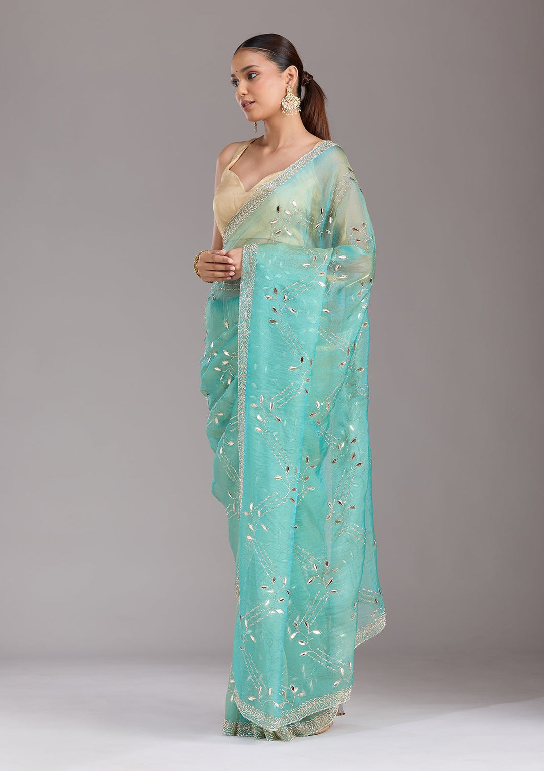 Sea Green Stonework (Gold) Tissue Saree-koskii