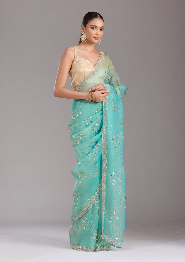 Sea Green Stonework (Gold) Tissue Saree-koskii