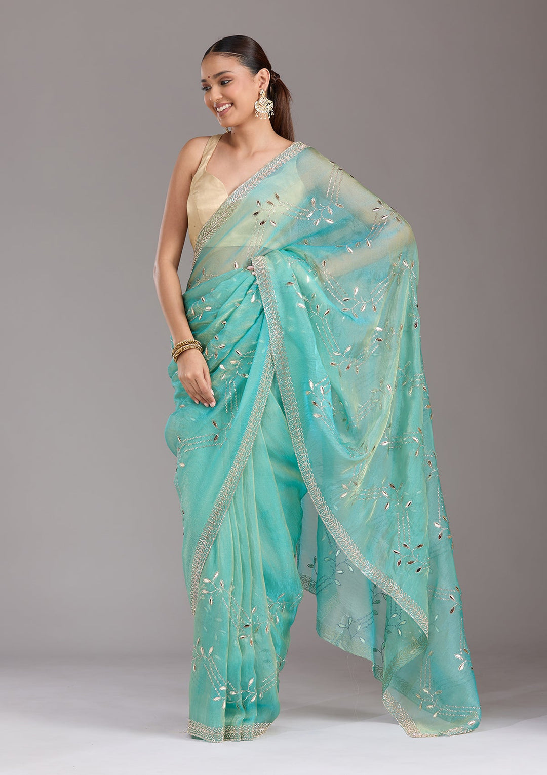 Sea Green Stonework (Gold) Tissue Saree-koskii