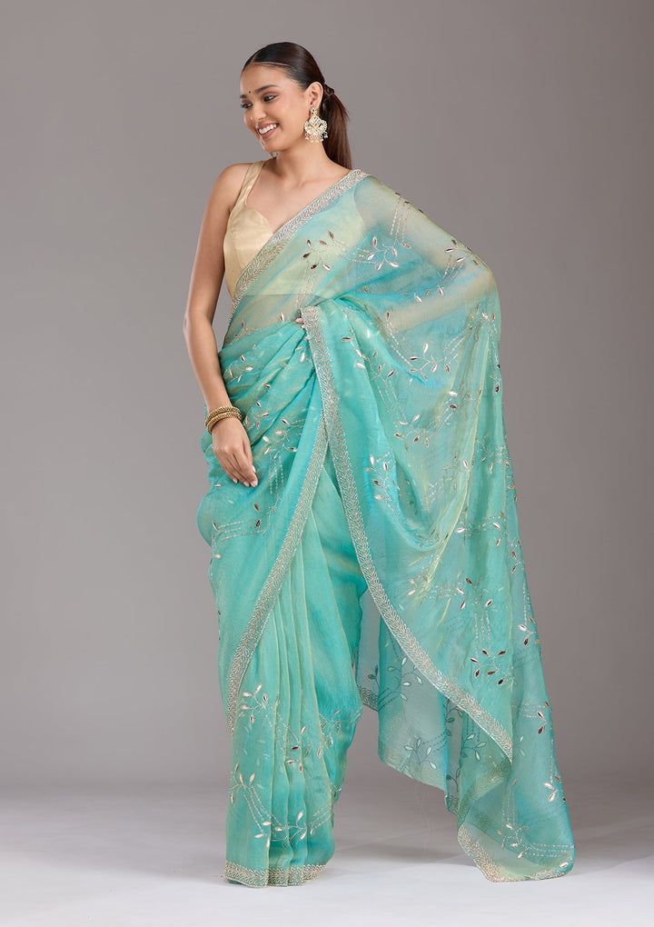 Sea Green Stonework (Gold) Tissue Saree-koskii