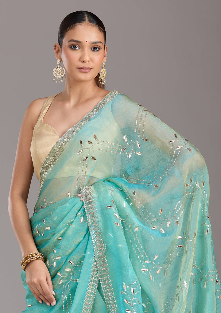 Sea Green Stonework (Gold) Tissue Saree-koskii