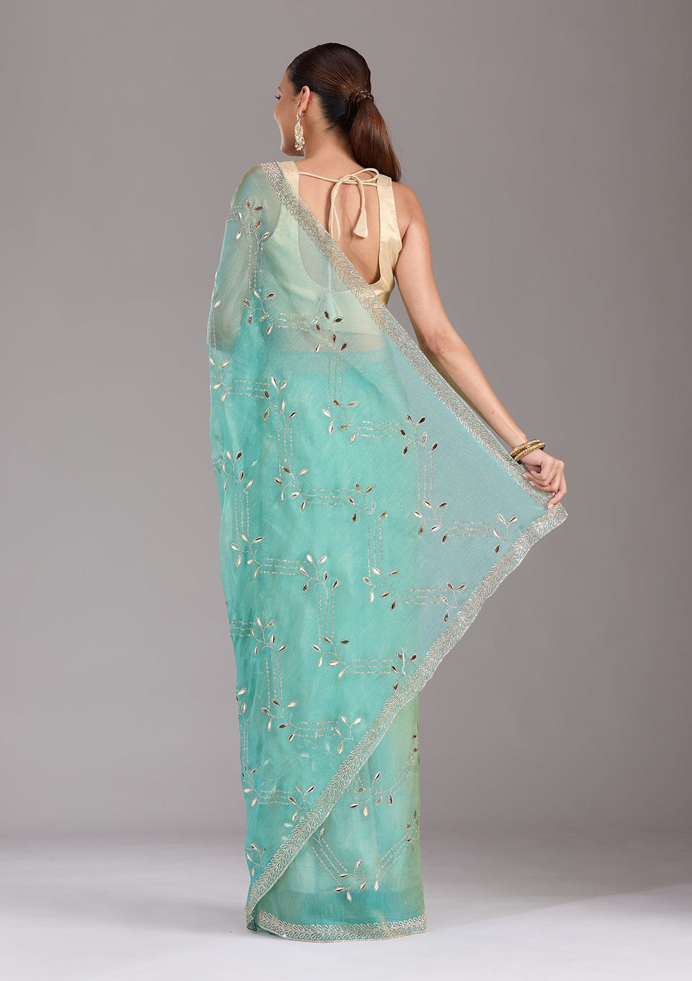 Sea Green Stonework (Gold) Tissue Saree-koskii