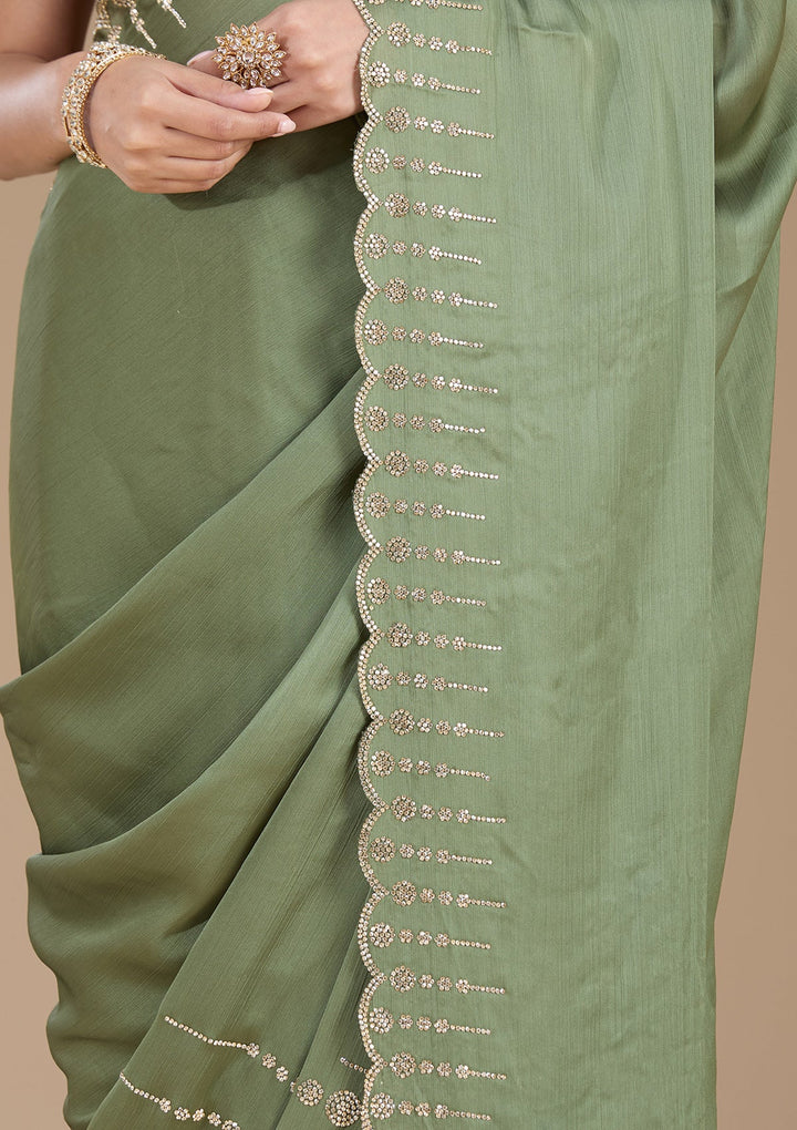 Mehendi Stonework (Gold) Chiffon Saree-koskii