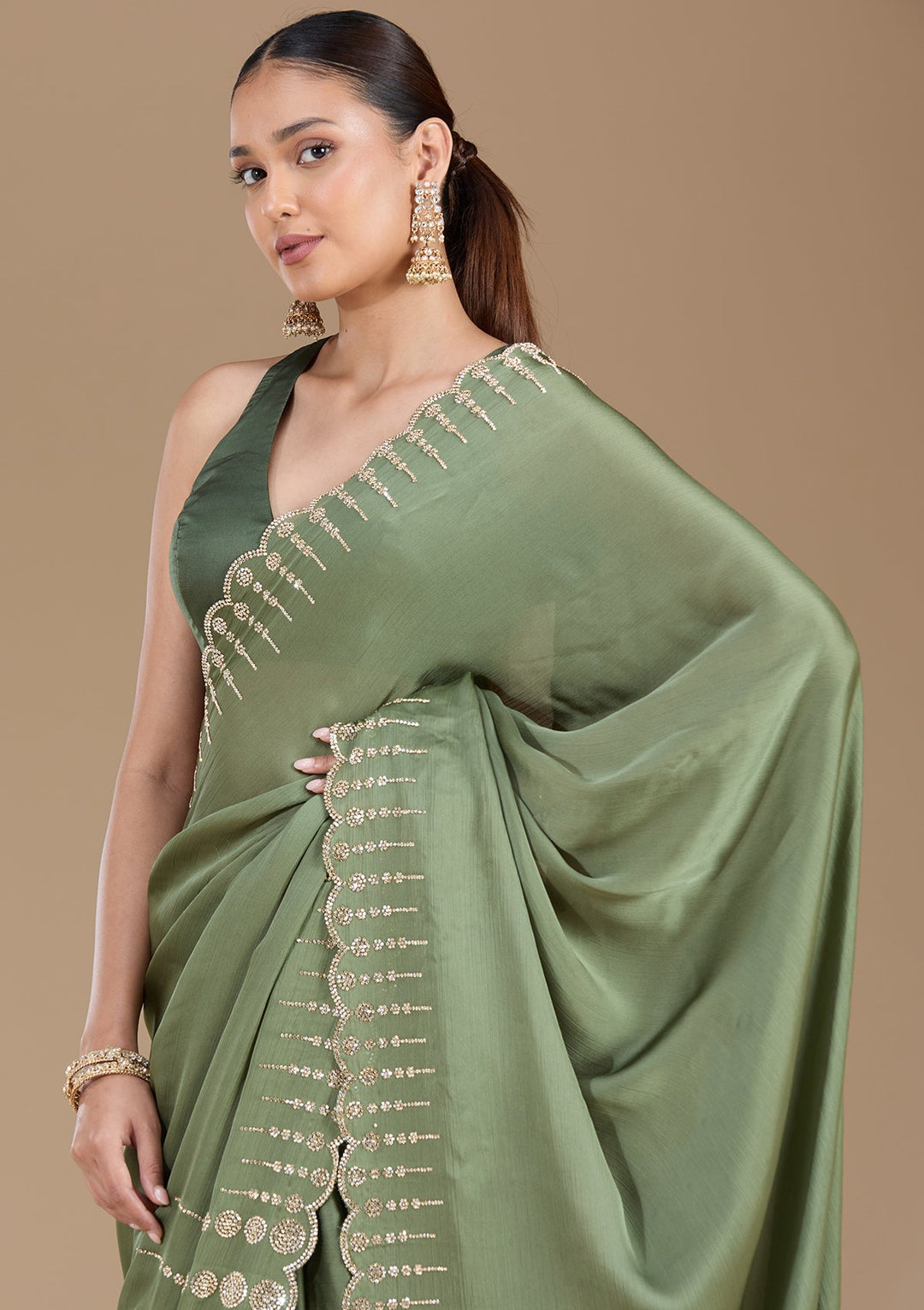 Mehendi Stonework (Gold) Chiffon Saree-koskii
