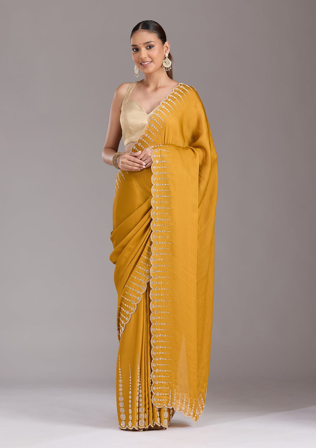 Mustard Stonework (Gold) Chiffon Saree-koskii