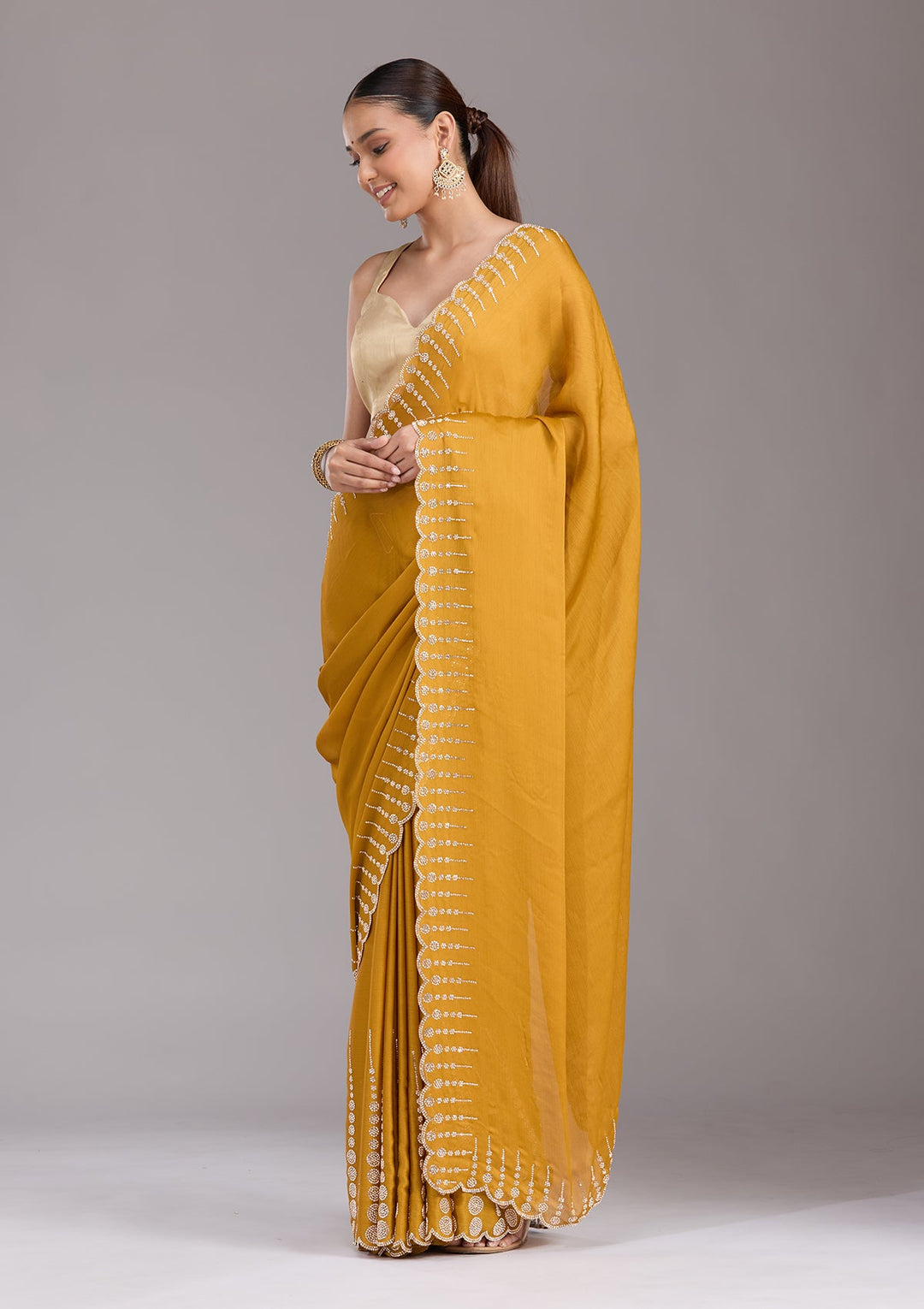 Mustard Stonework (Gold) Chiffon Saree-koskii
