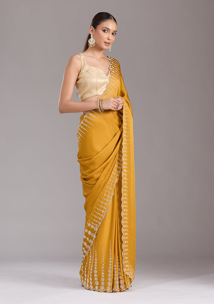 Mustard Stonework (Gold) Chiffon Saree-koskii
