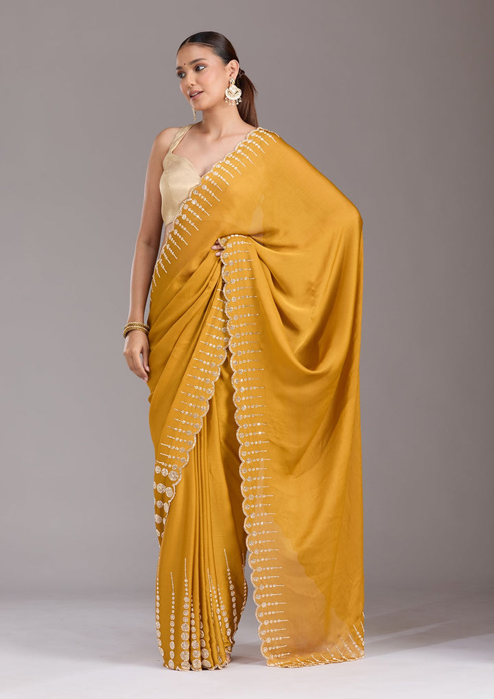 Mustard Stonework (Gold) Chiffon Saree-koskii