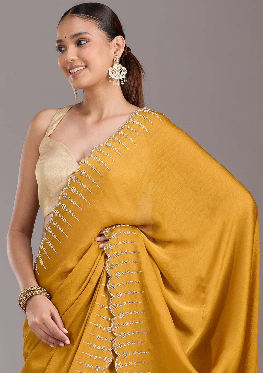 Mustard Stonework (Gold) Chiffon Saree-koskii