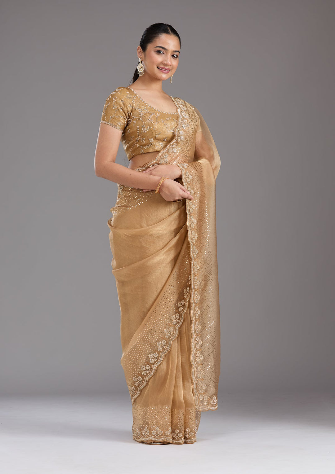 Gold Stonework Tissue Saree_koskii