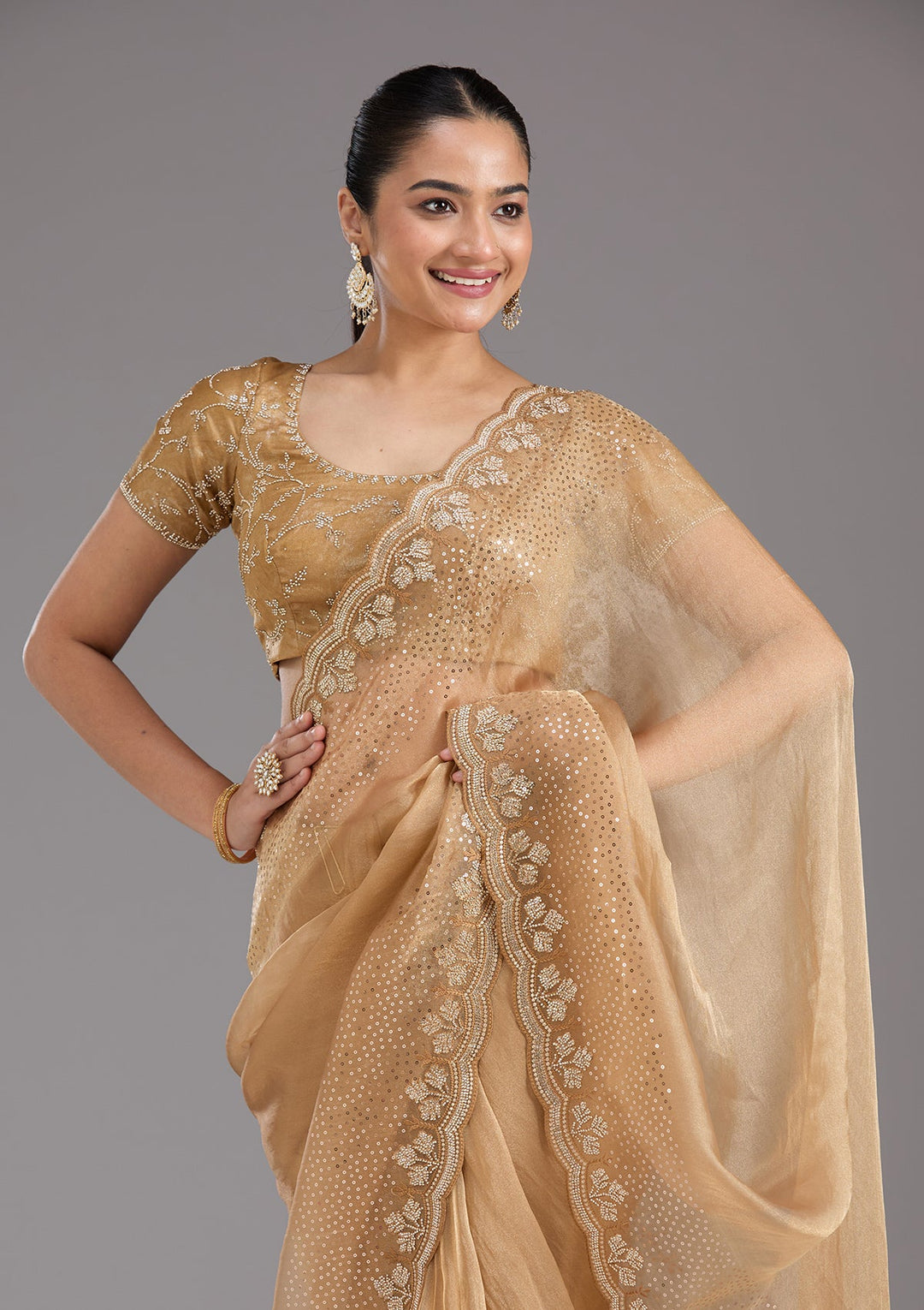 Gold Stonework Tissue Saree_koskii