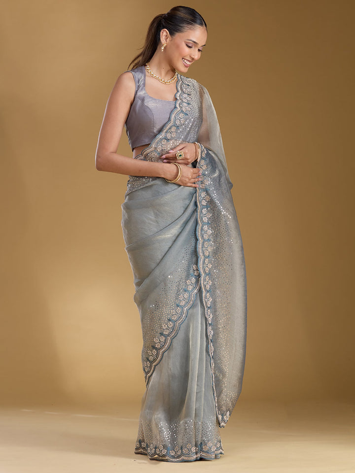 Grey Stonework (Gold) Tissue Saree