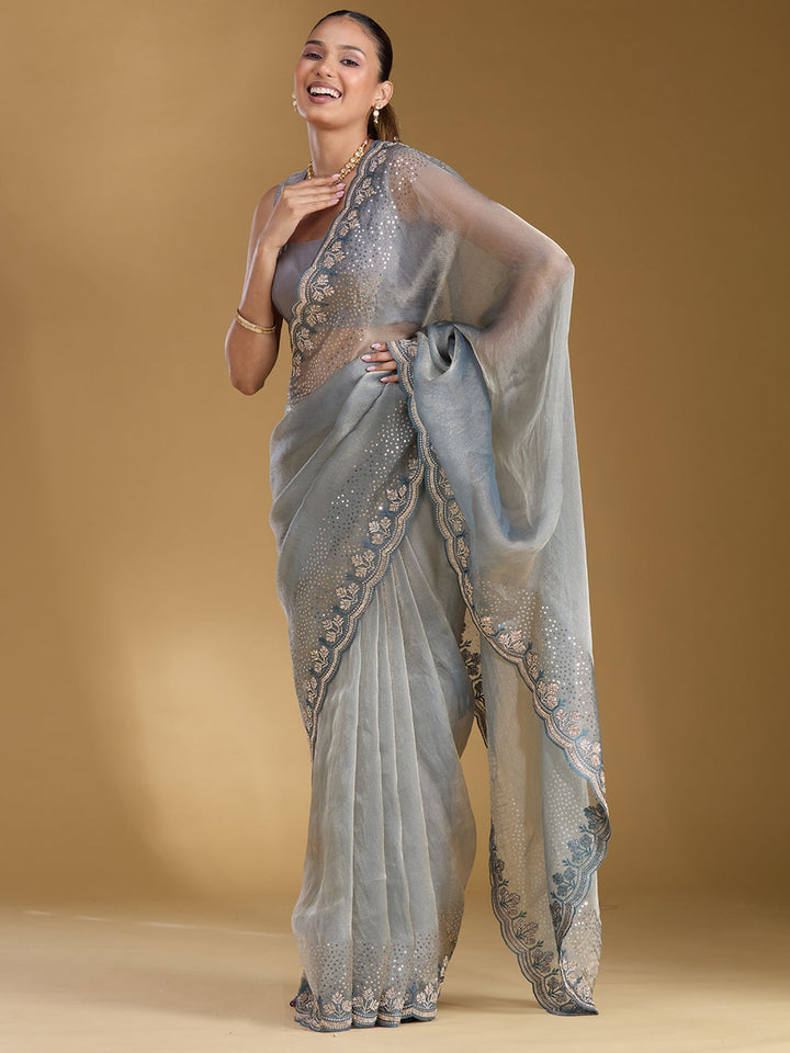Grey Stonework (Gold) Tissue Saree
