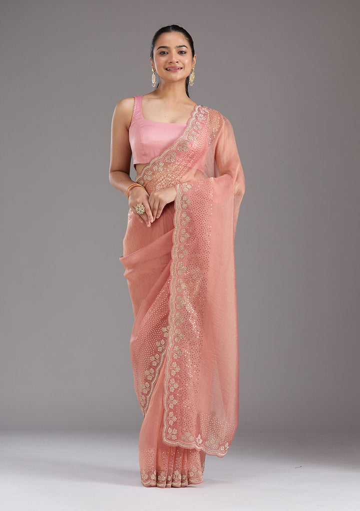 Peach Stonework Tissue Saree_koskii