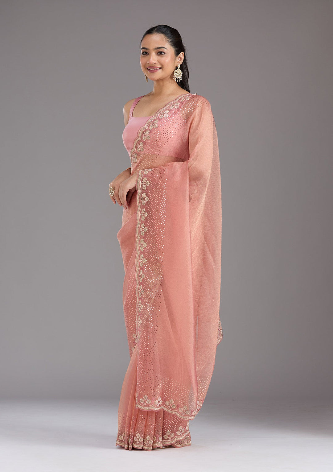 Peach Stonework Tissue Saree_koskii