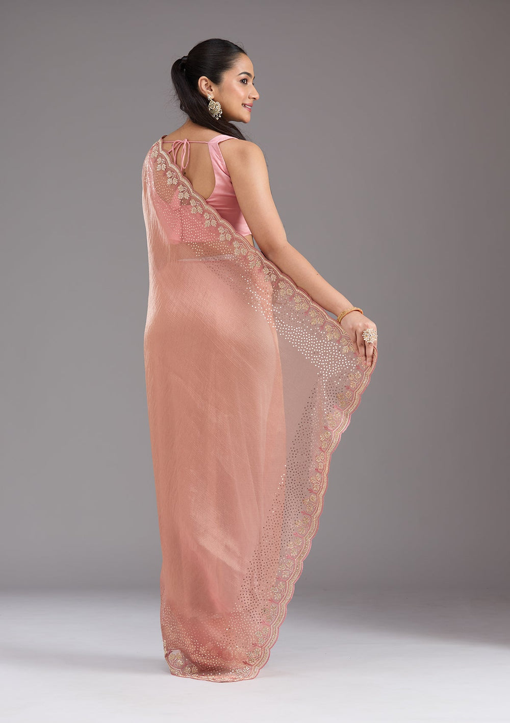 Peach Stonework Tissue Saree_koskii