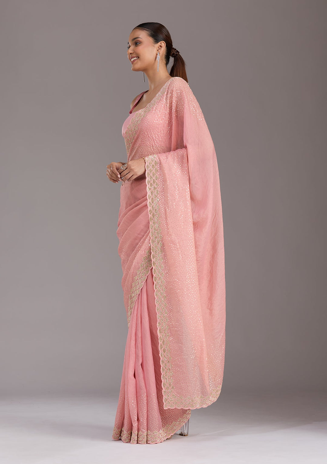 Baby Pink Sequins Tissue Saree-koskii