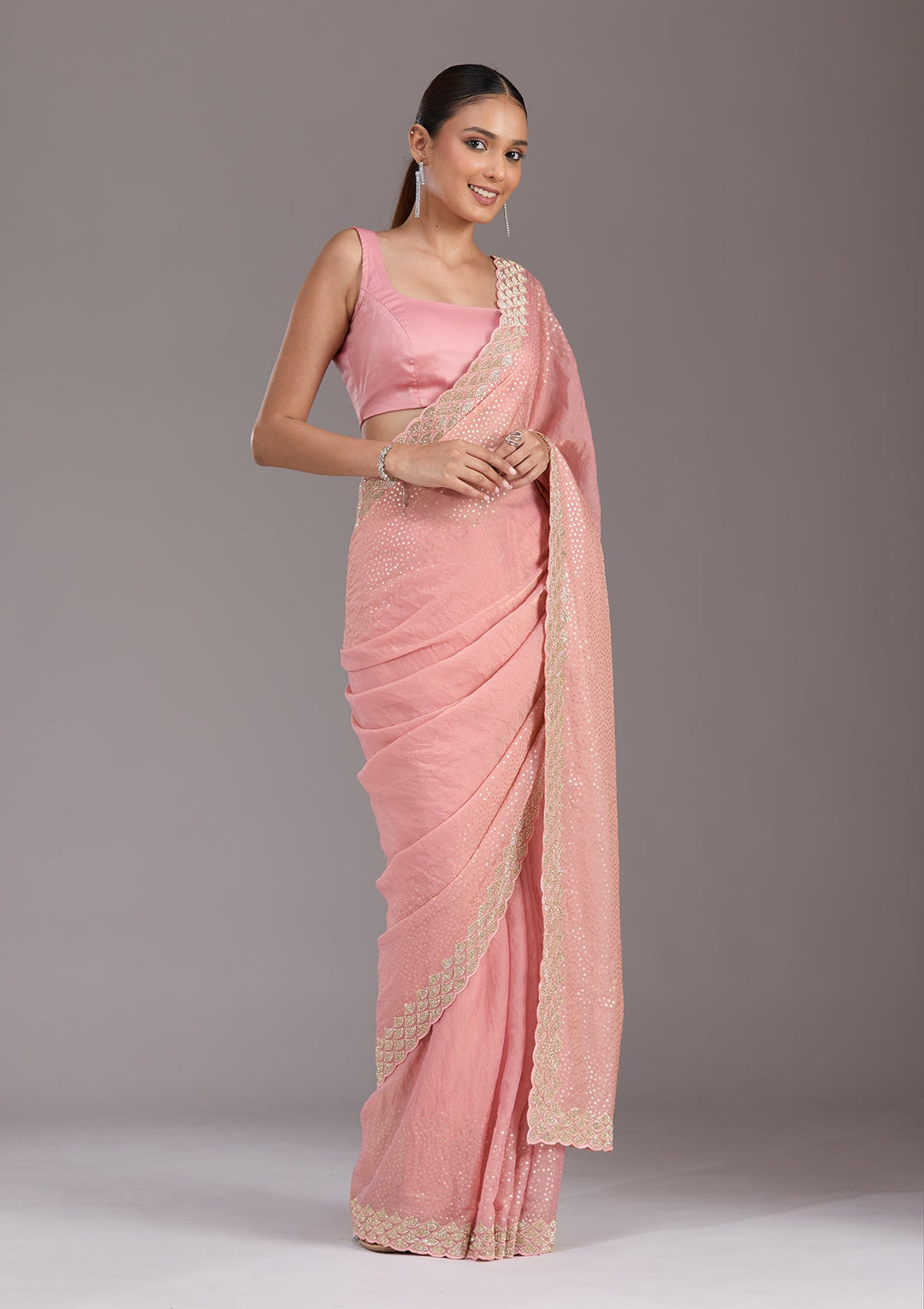 Baby Pink Sequins Tissue Saree-koskii