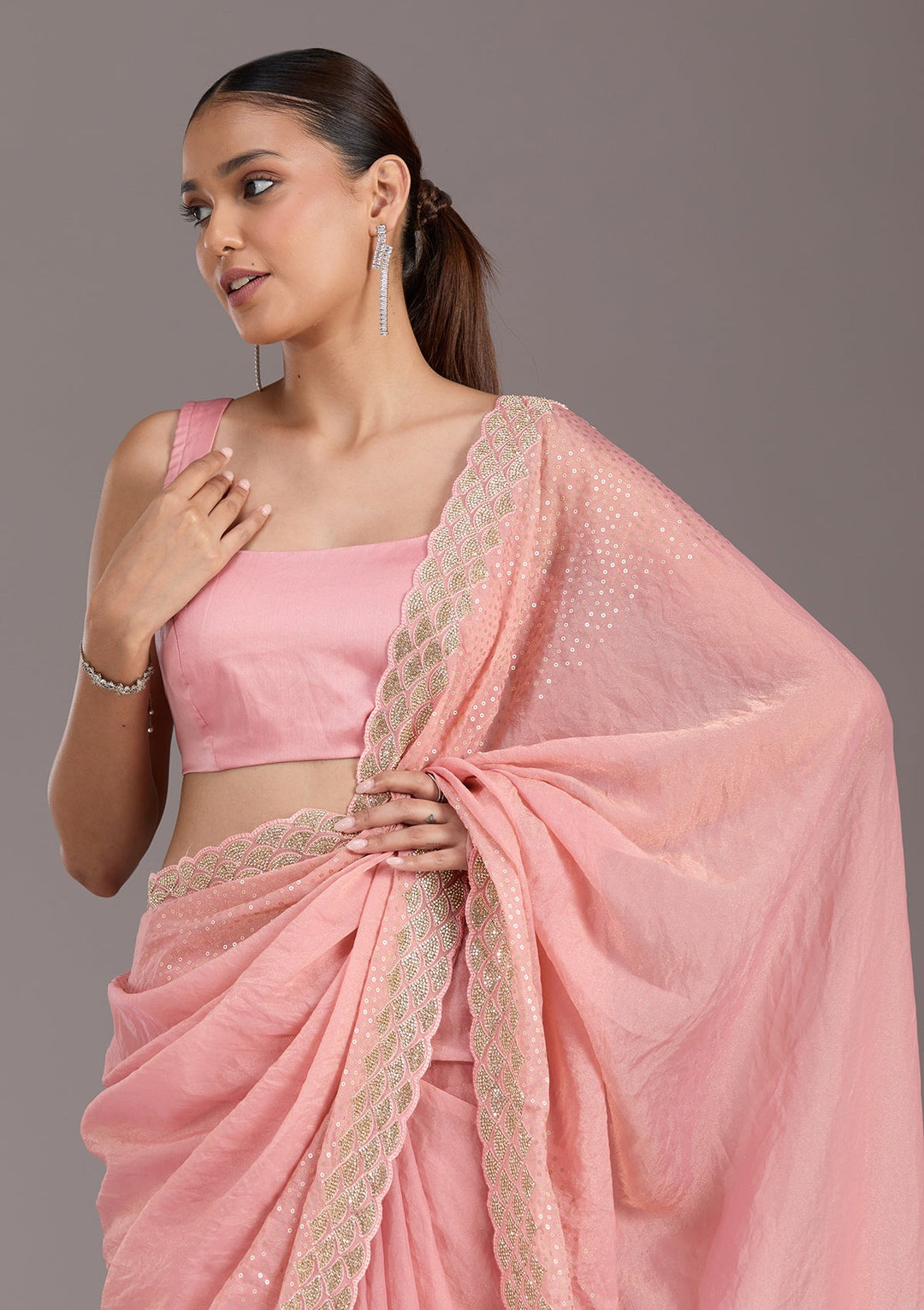 Baby Pink Sequins Tissue Saree-koskii