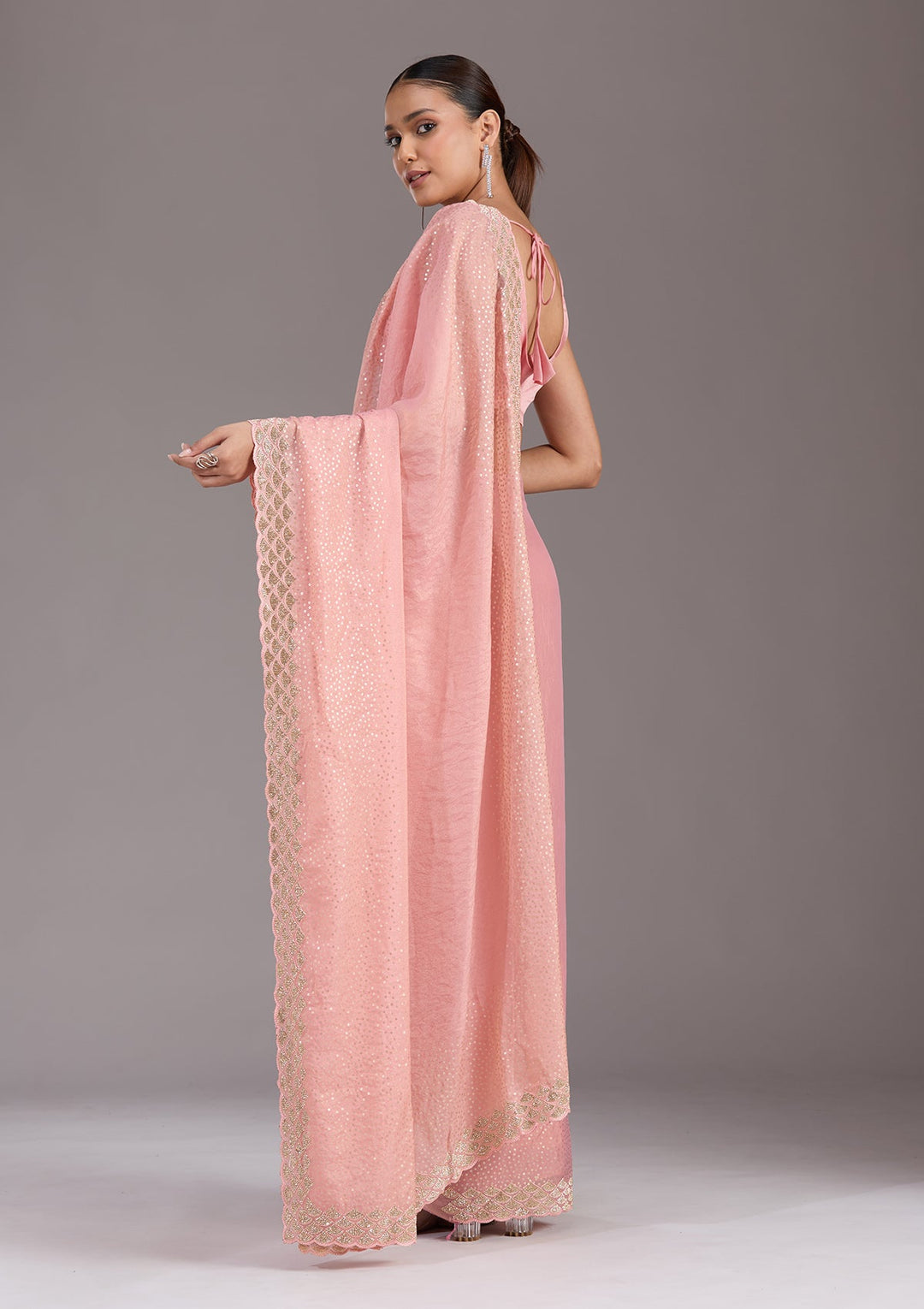 Baby Pink Sequins Tissue Saree-koskii