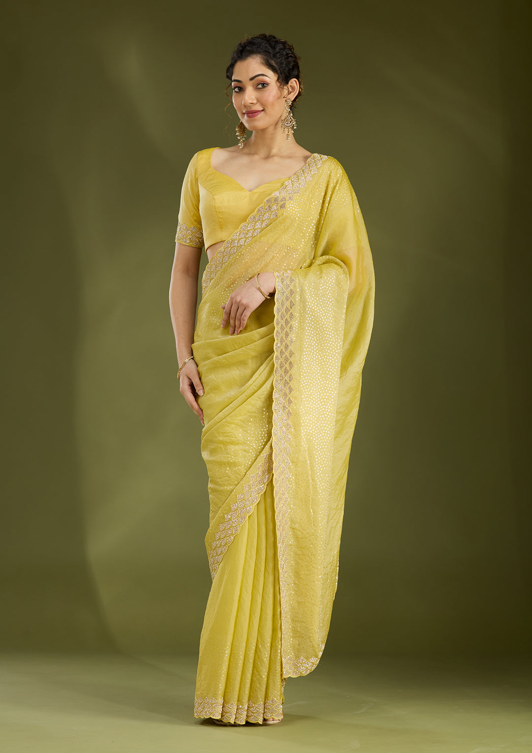 Lime Green Sequins Tissue Saree