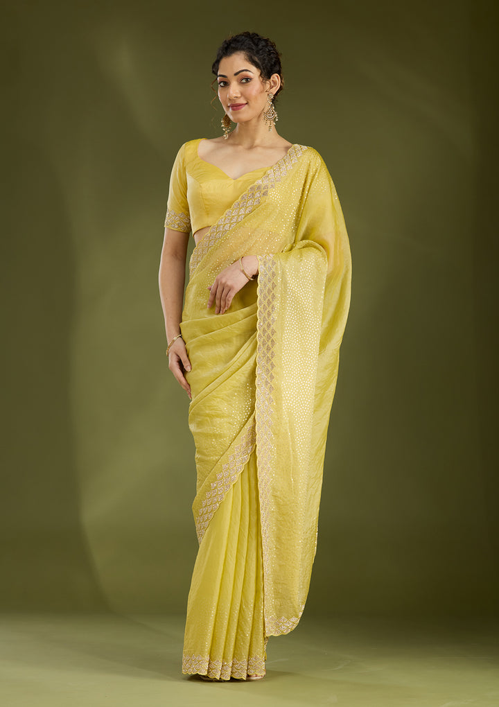Lime Green Sequins Tissue Saree
