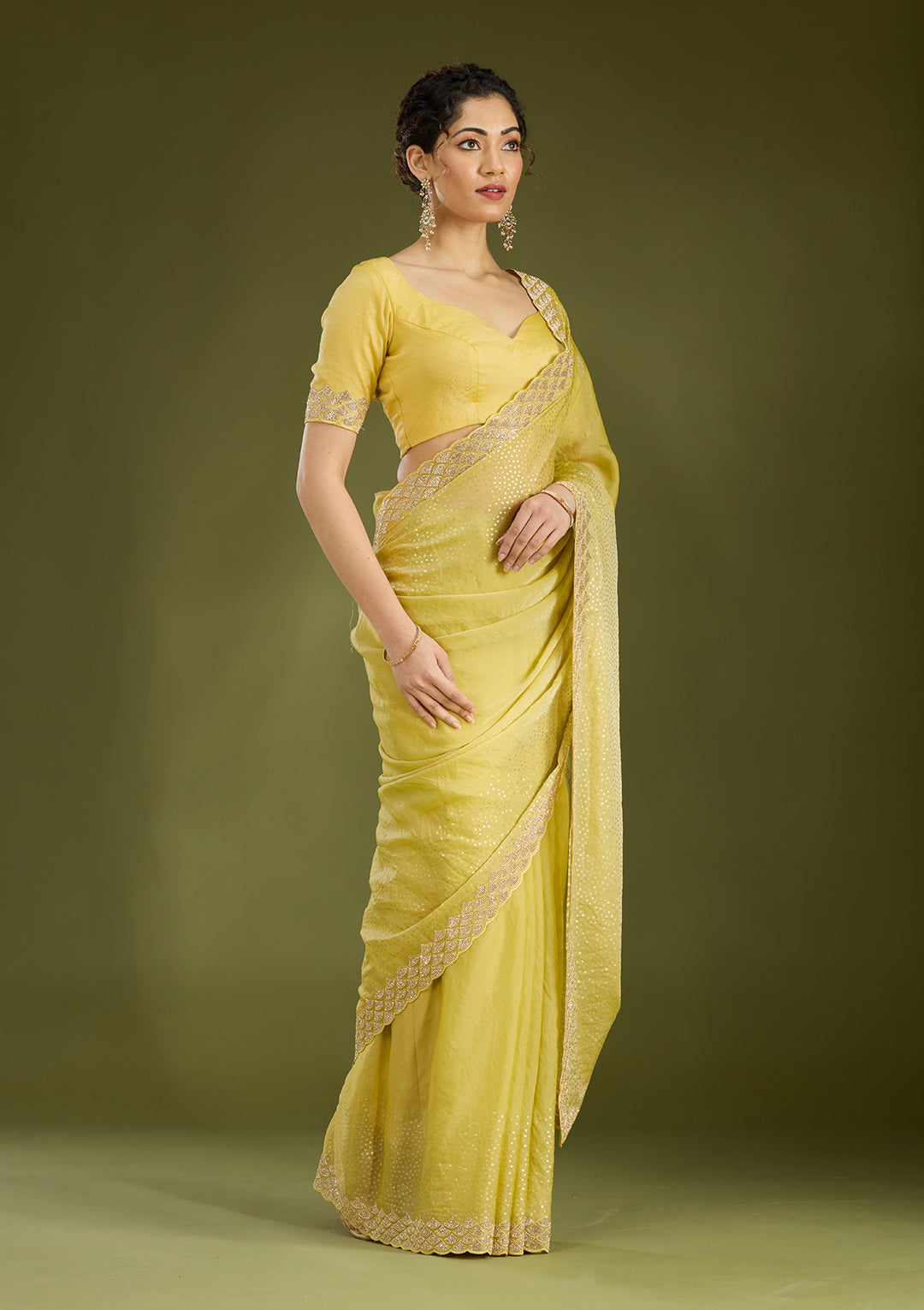 Lime Green Sequins Tissue Saree
