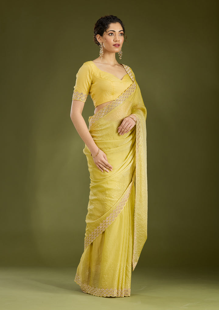 Lime Green Sequins Tissue Saree