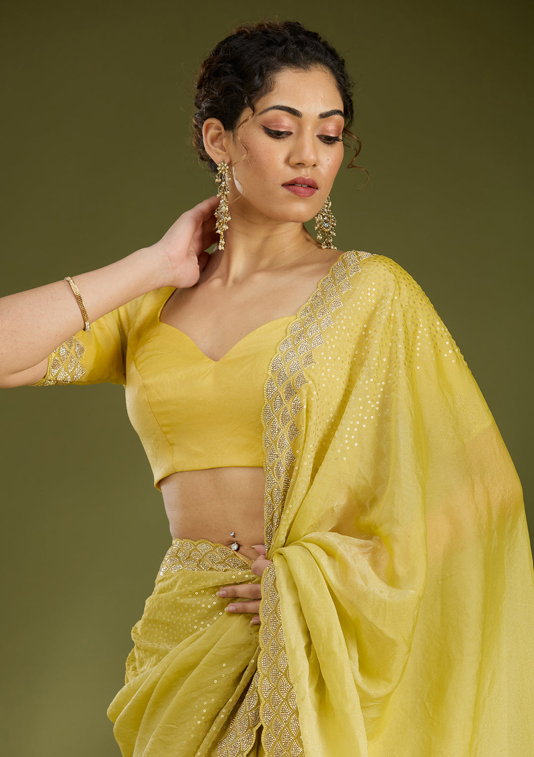 Lime Green Sequins Tissue Saree