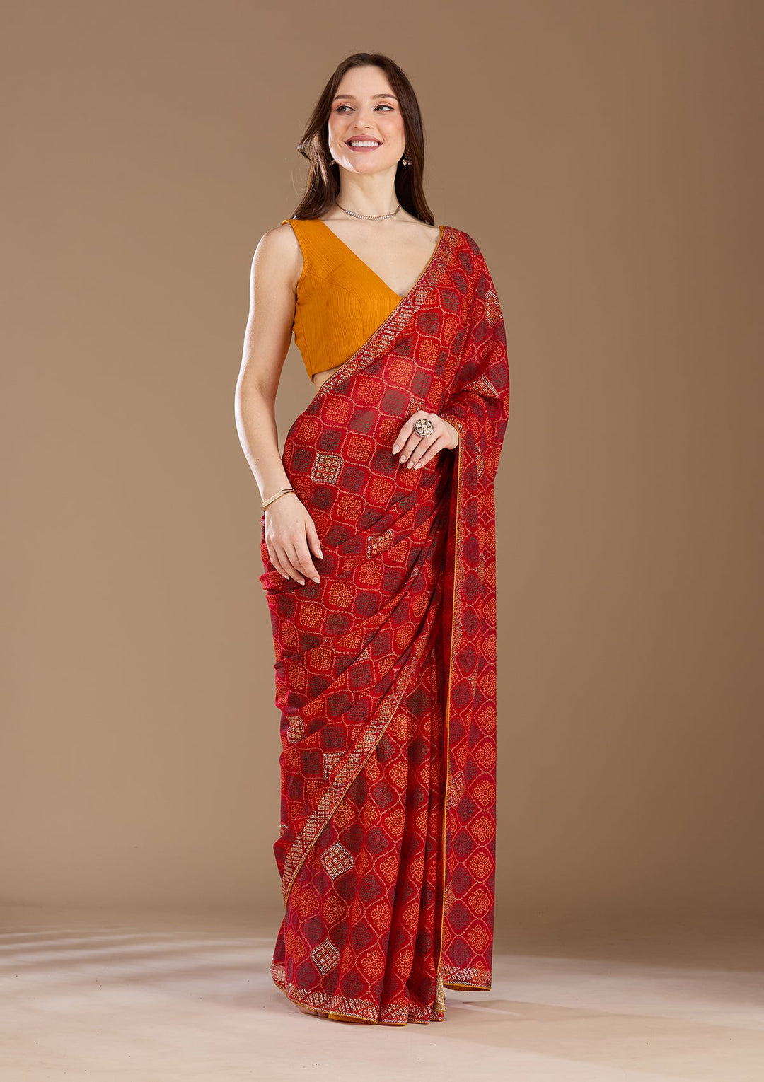 Red Stonework (Gold) Georgette Saree