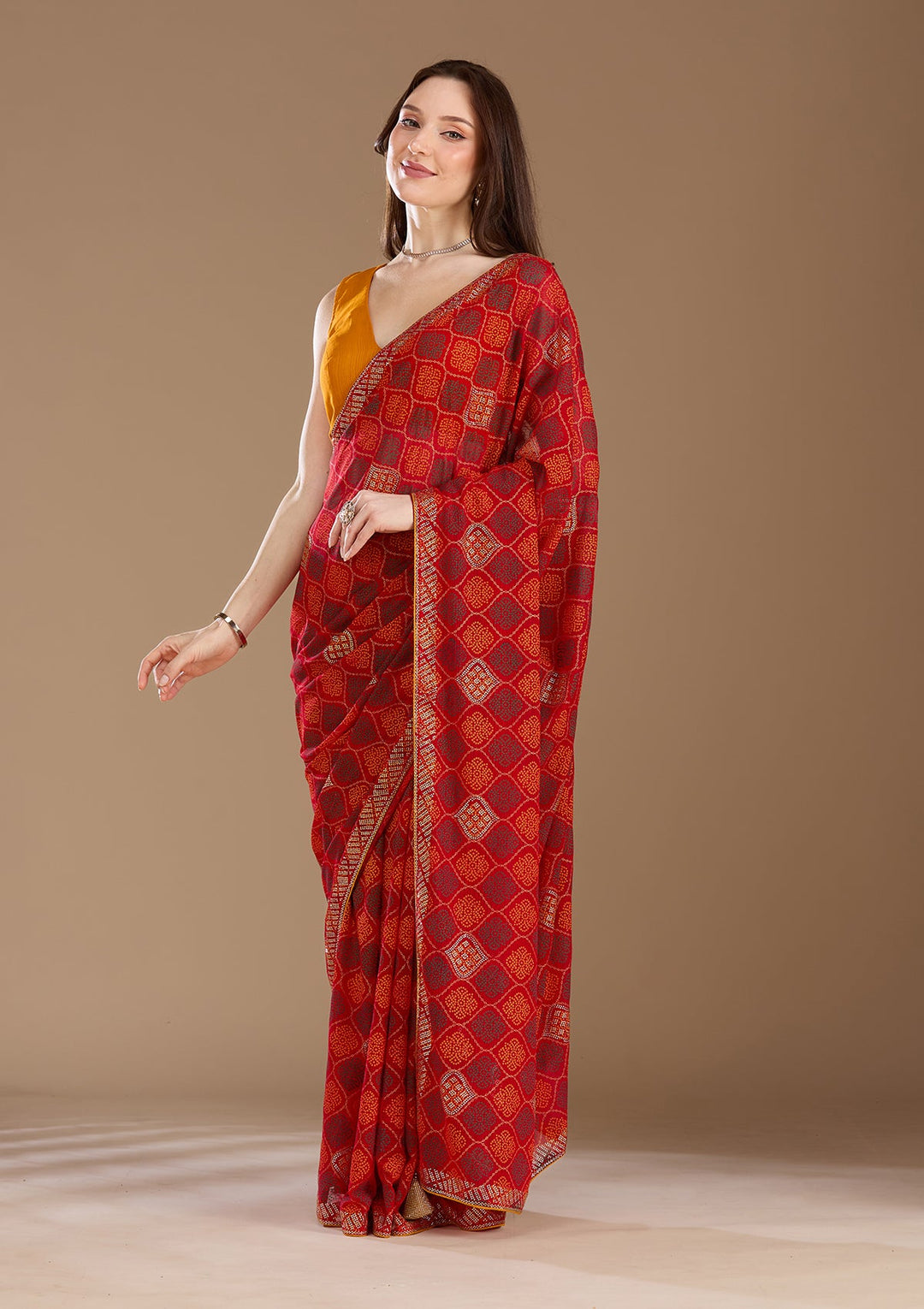 Red Stonework (Gold) Georgette Saree