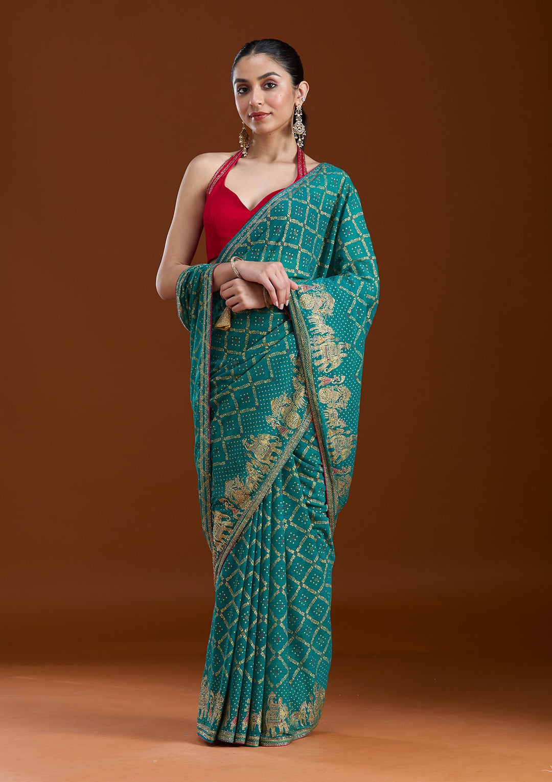 Rama Green Stonework (Gold) Georgette Saree-koskii
