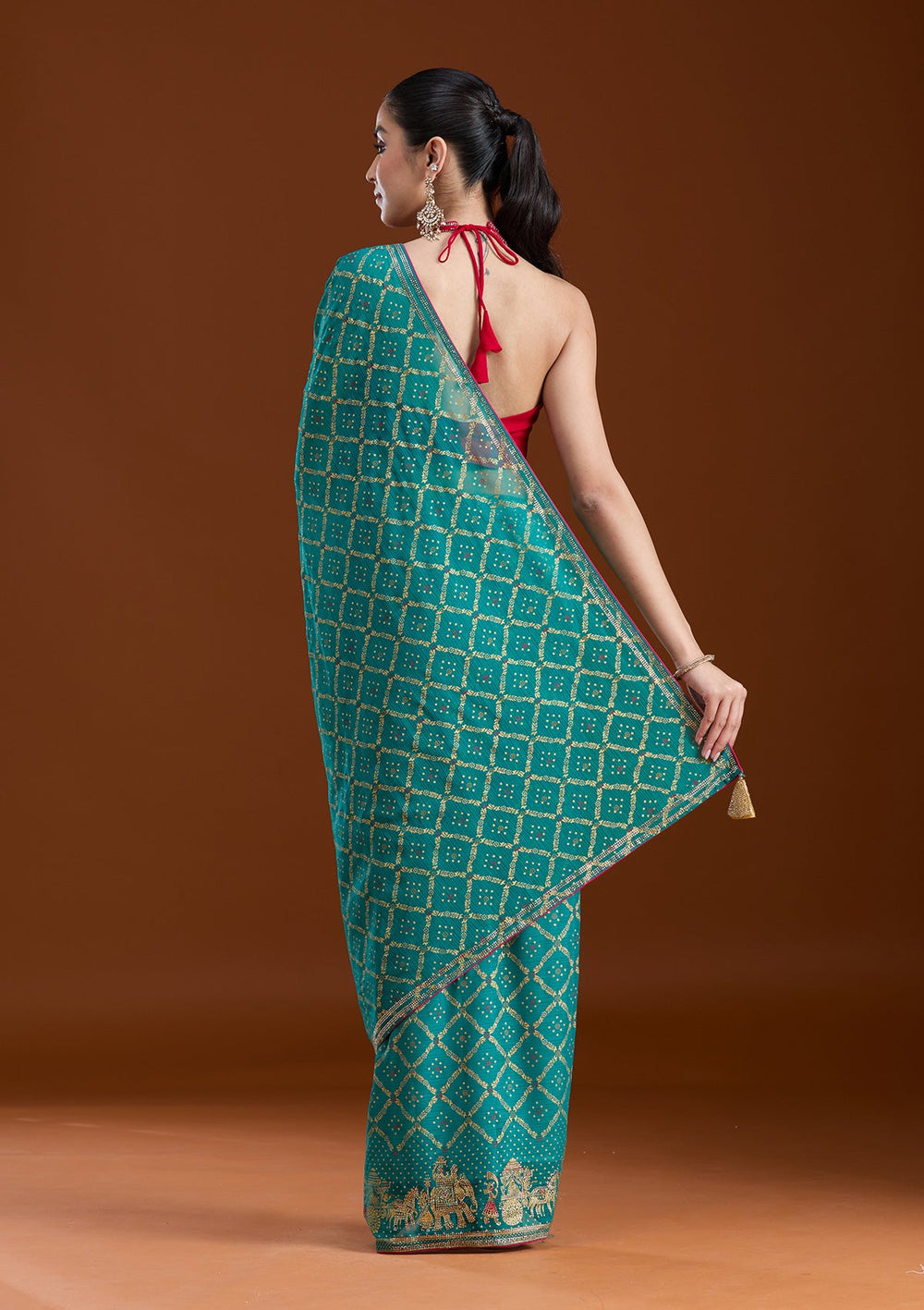 Rama Green Stonework (Gold) Georgette Saree-koskii