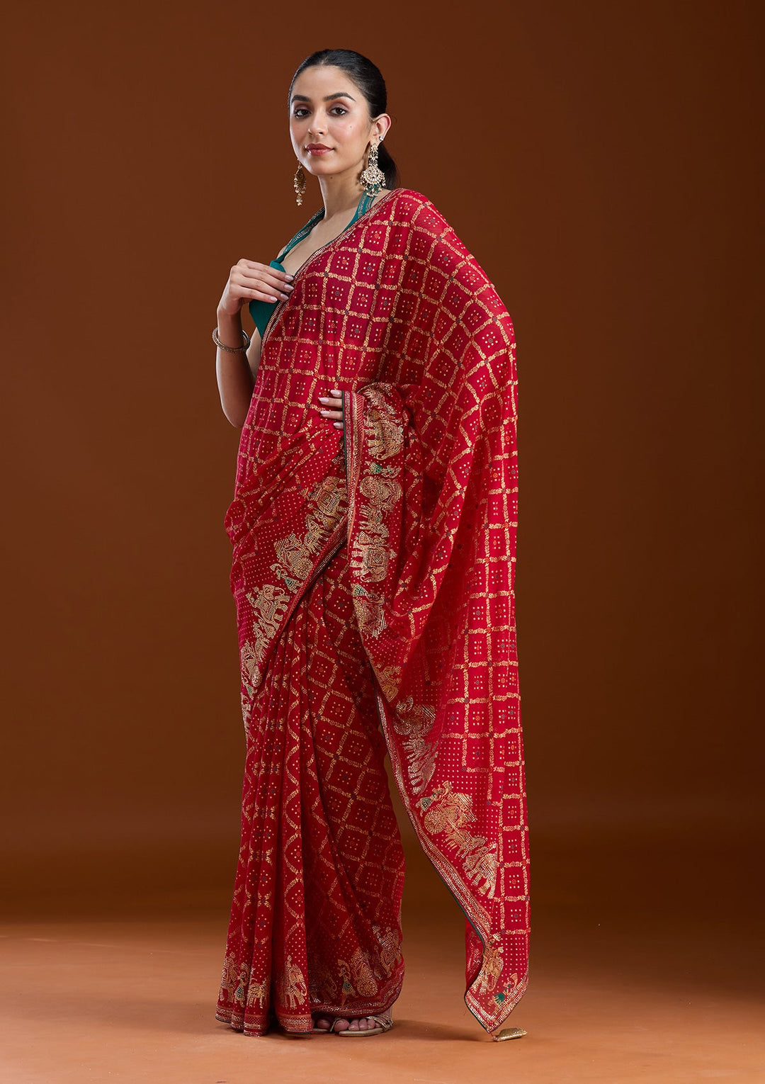 Red Stonework (Gold) Georgette Saree-koskii