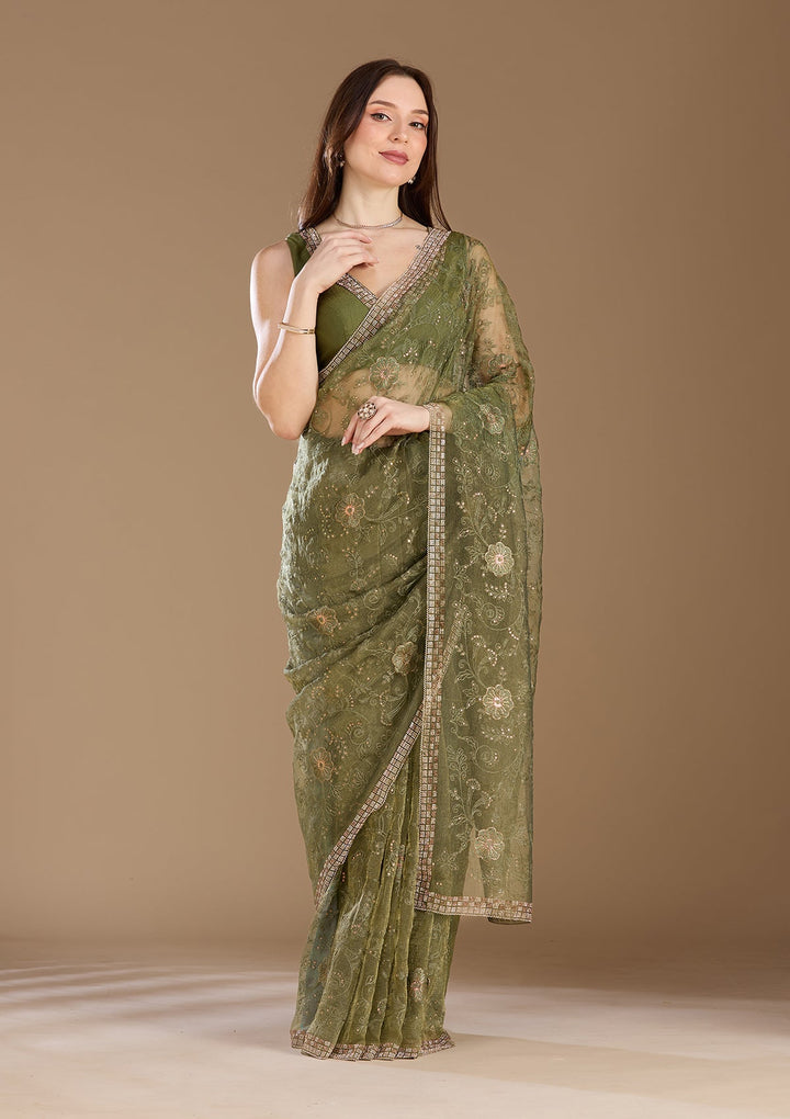 Mehendi Threadwork Tissue Saree