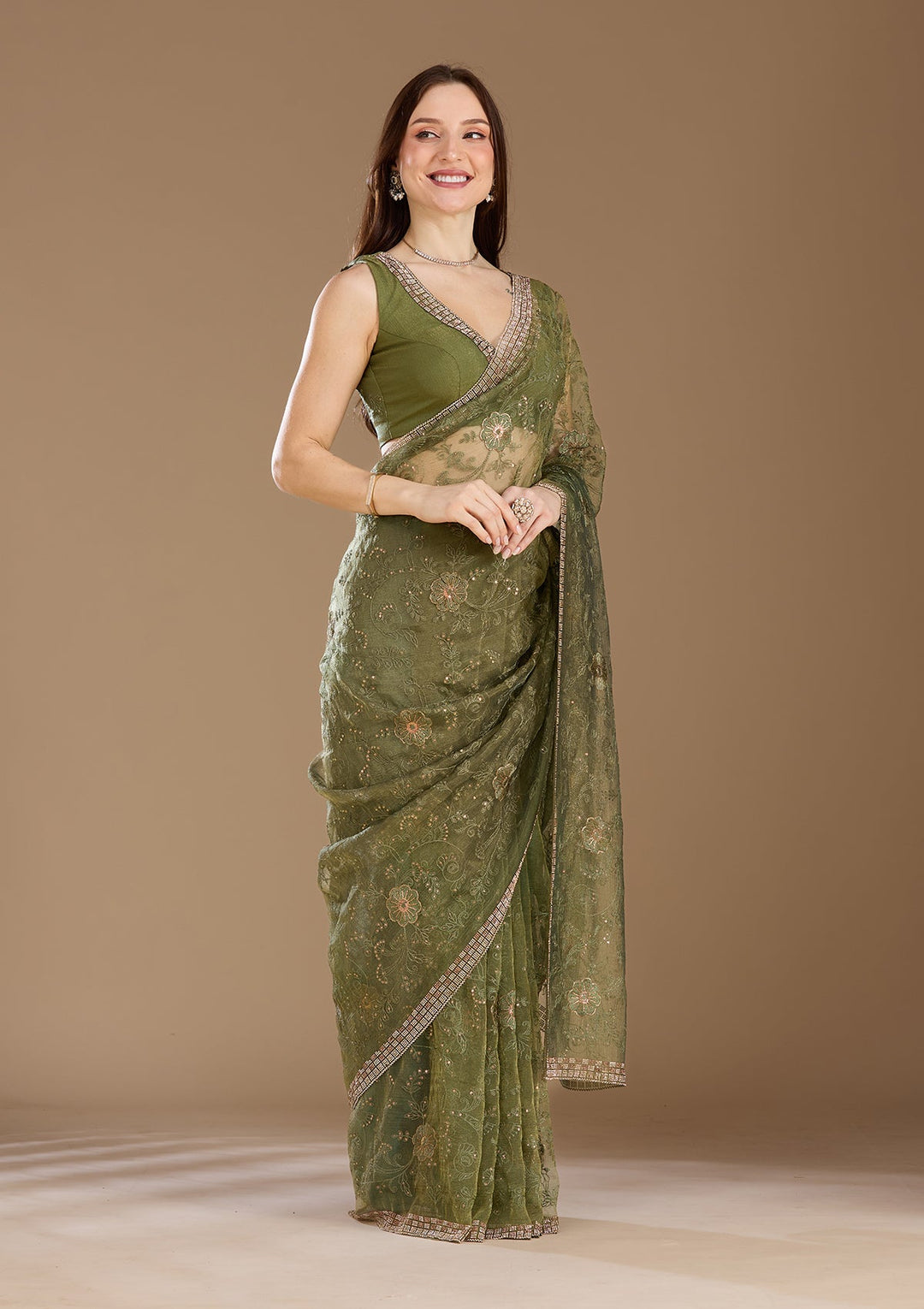 Mehendi Threadwork Tissue Saree