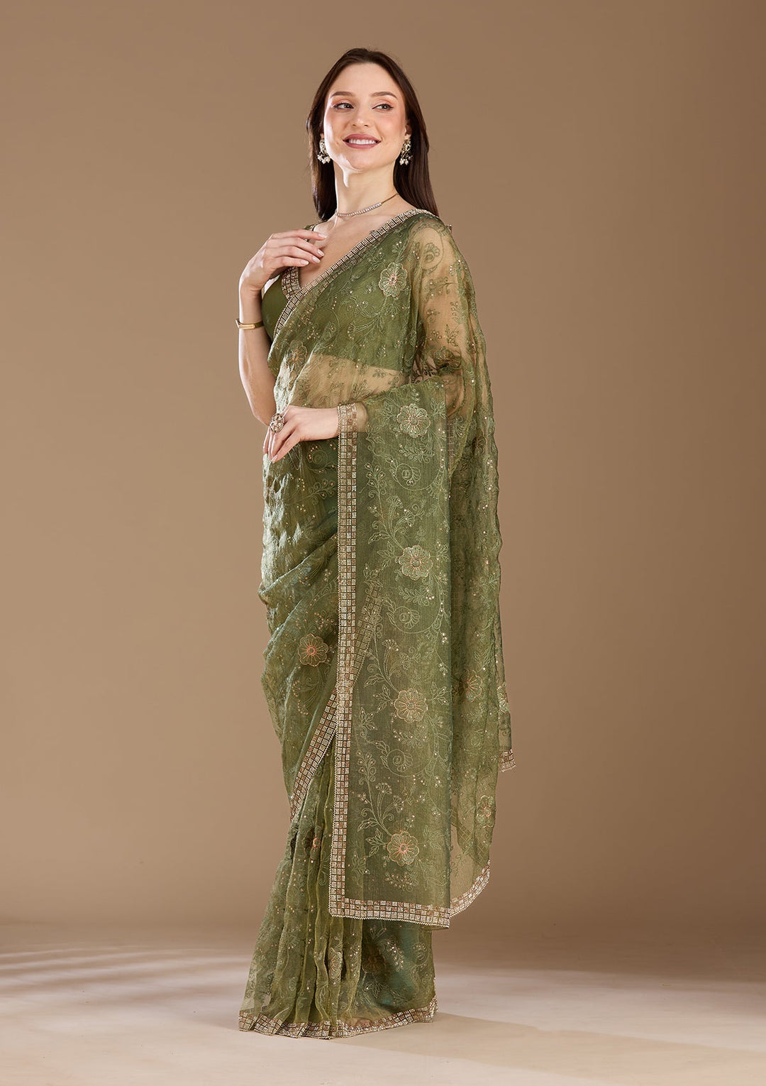 Mehendi Threadwork Tissue Saree