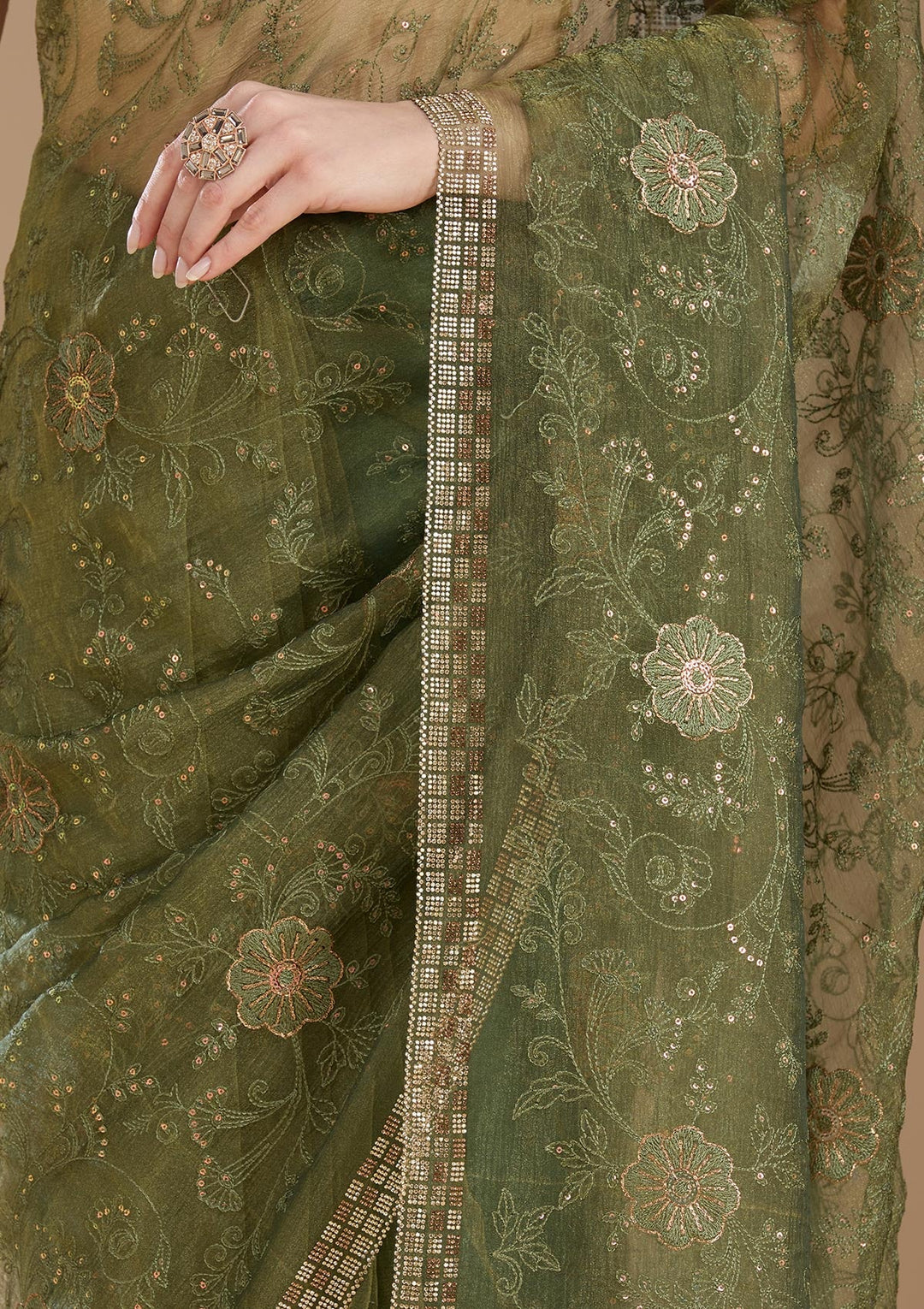 Mehendi Threadwork Tissue Saree