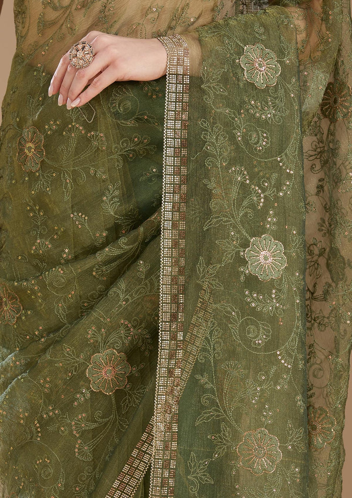 Mehendi Threadwork Tissue Saree