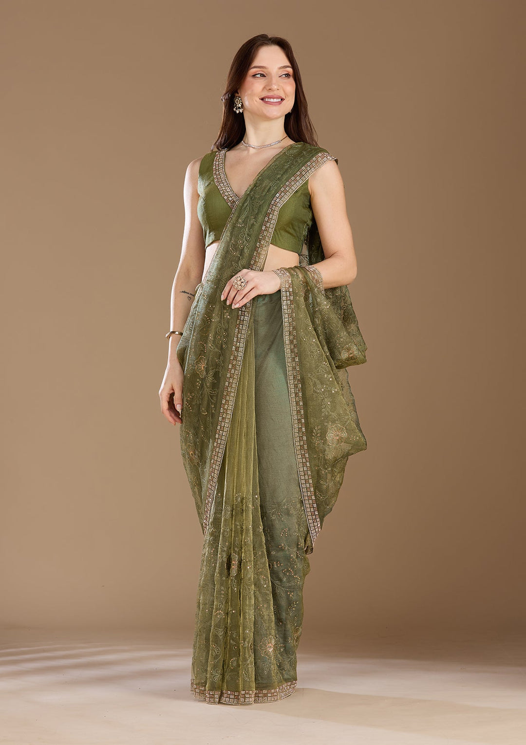 Mehendi Threadwork Tissue Saree