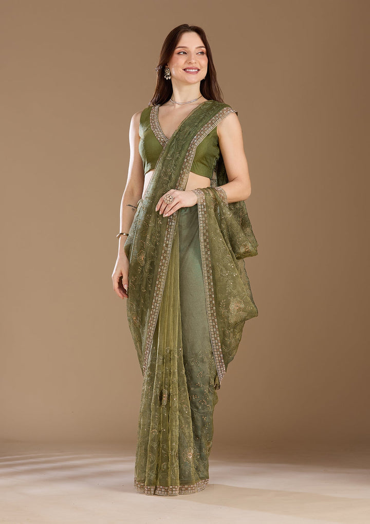 Mehendi Threadwork Tissue Saree