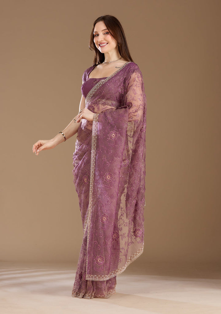 Purple Threadwork Tissue Saree