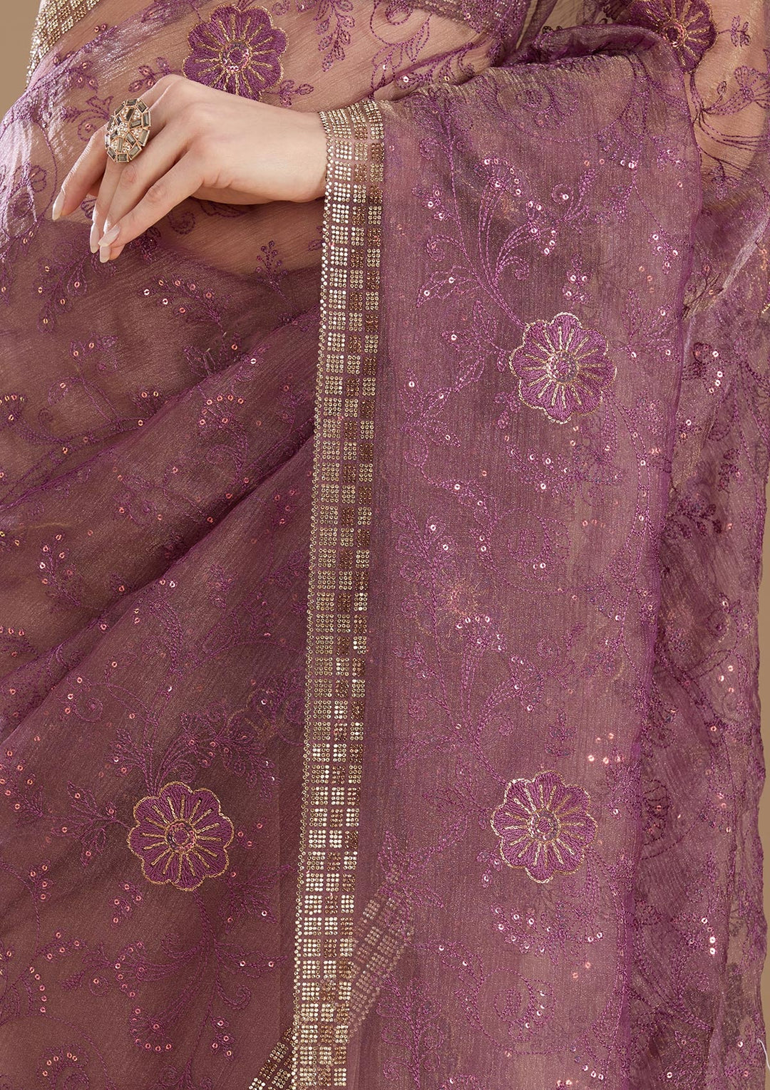 Purple Threadwork Tissue Saree