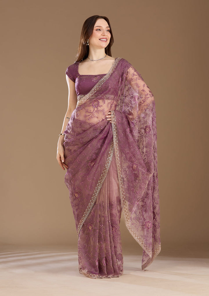Purple Threadwork Tissue Saree
