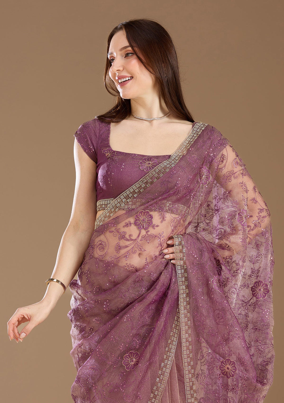 Purple Threadwork Tissue Saree