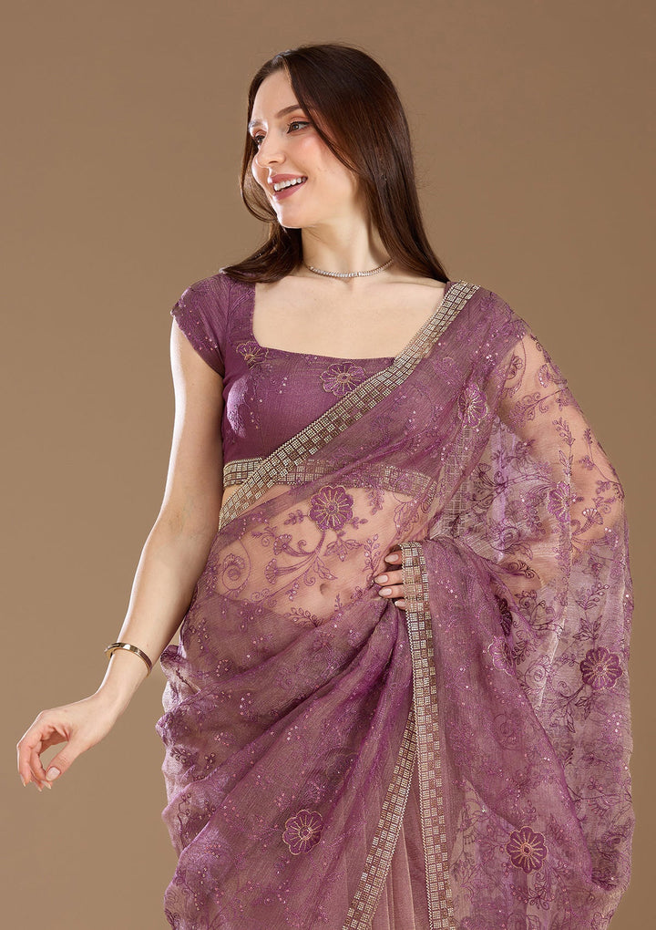 Purple Threadwork Tissue Saree