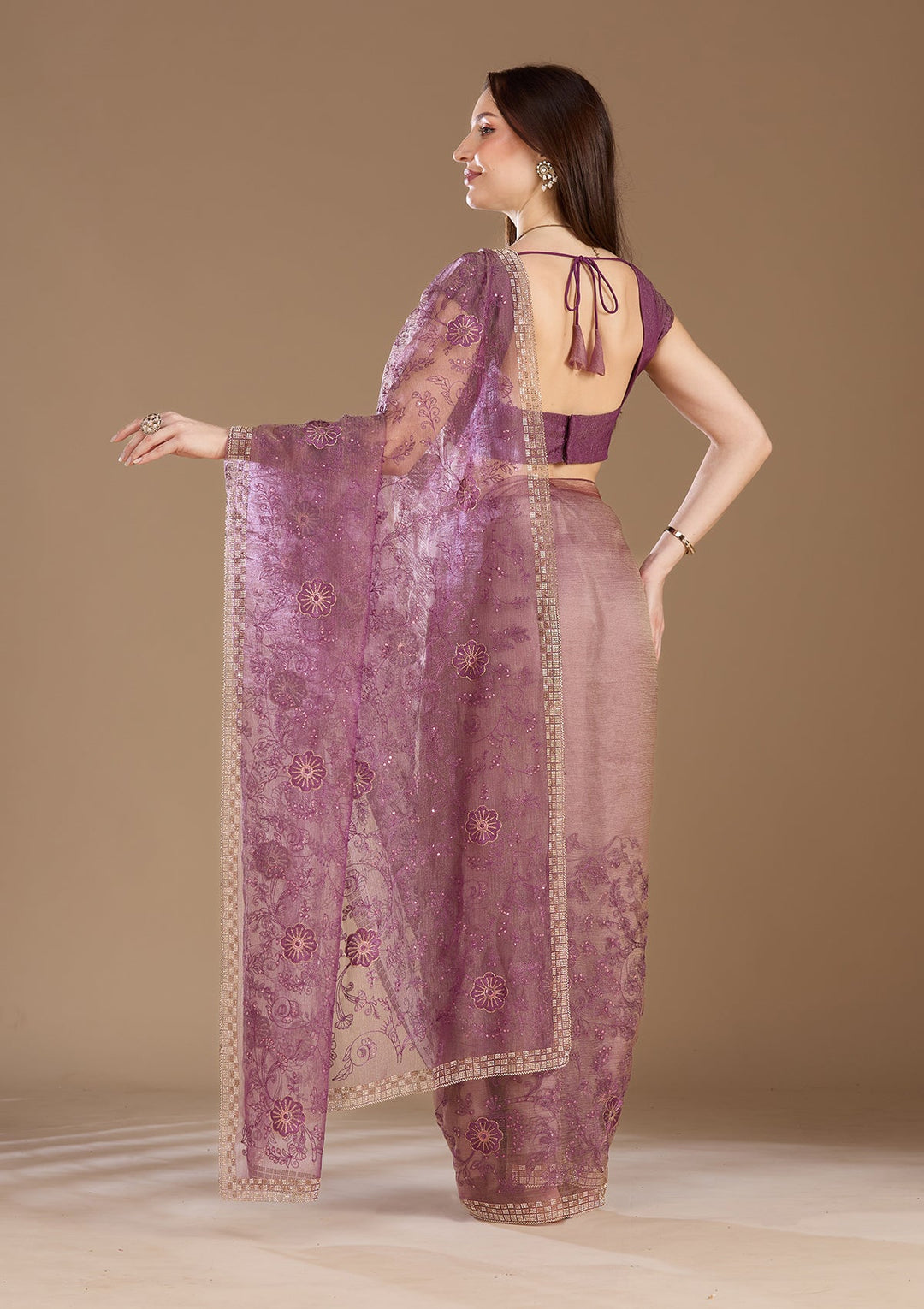 Purple Threadwork Tissue Saree