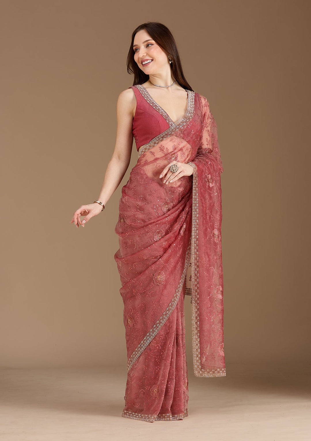 Rust Threadwork Tissue Saree