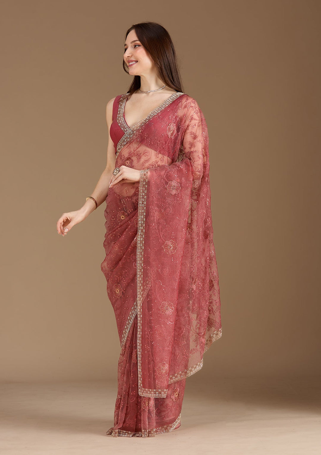 Rust Threadwork Tissue Saree