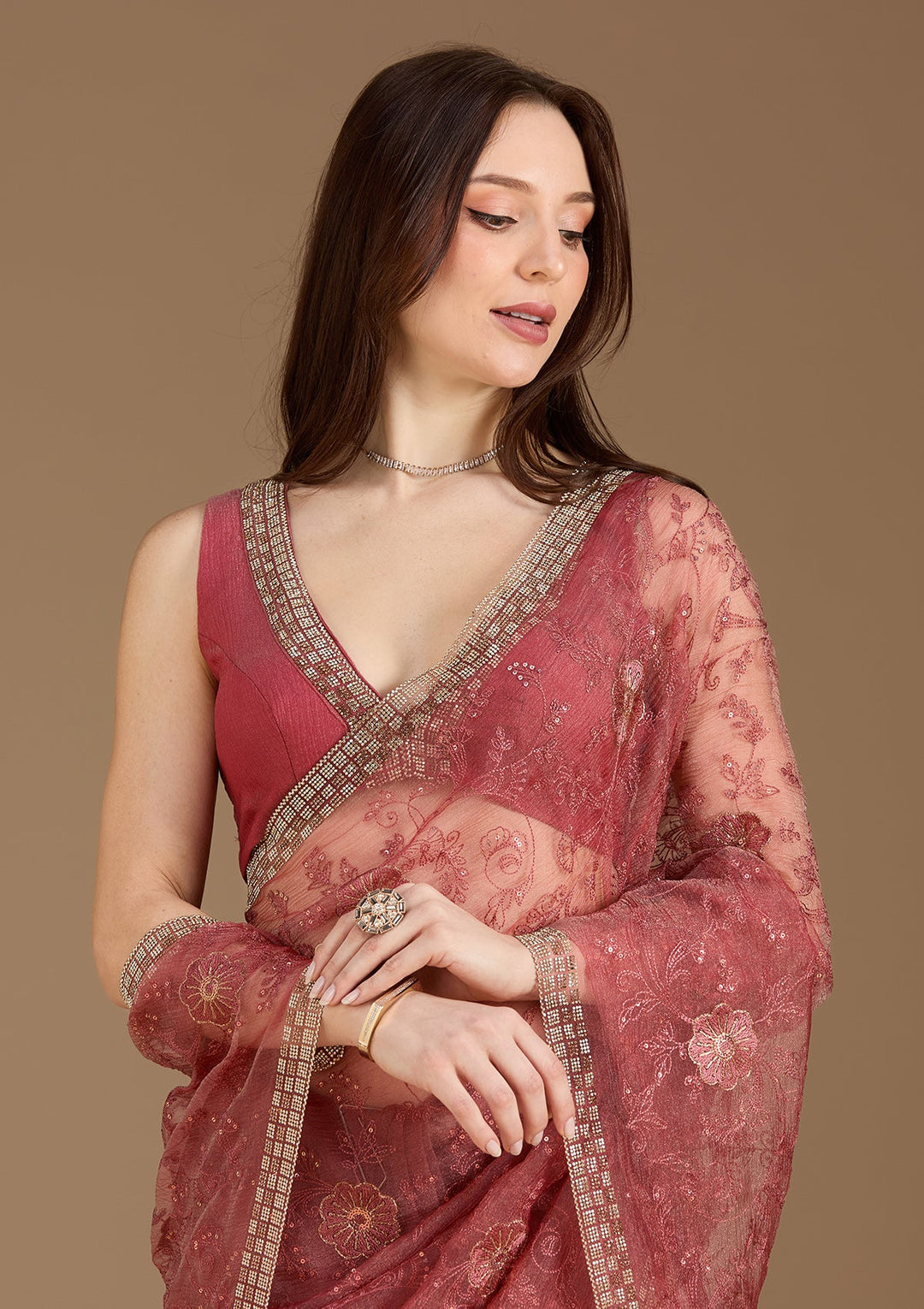 Rust Threadwork Tissue Saree